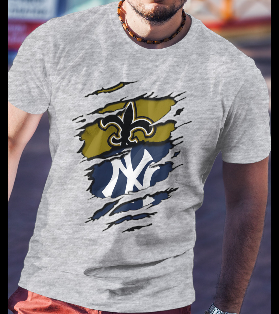 Saints Yankees Fleur-de-Lis And Interlocking NY Symbol Torn T-Shirt