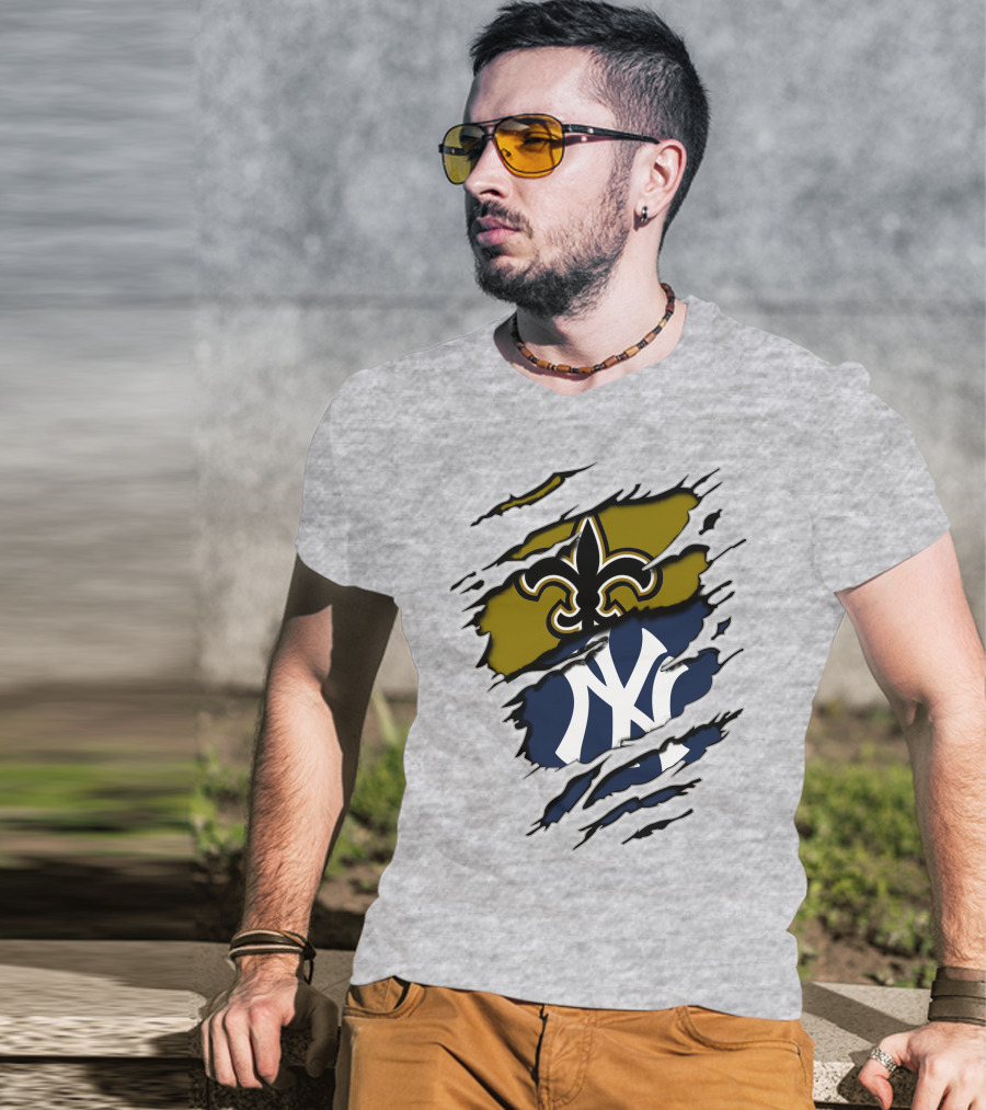 Saints Yankees Fleur-de-Lis And Interlocking NY Symbol Torn T-Shirt