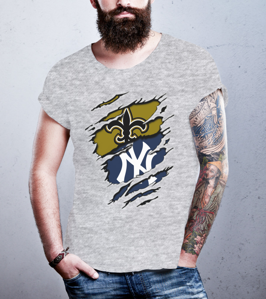 Saints Yankees Fleur-de-Lis And Interlocking NY Symbol Torn T-Shirt