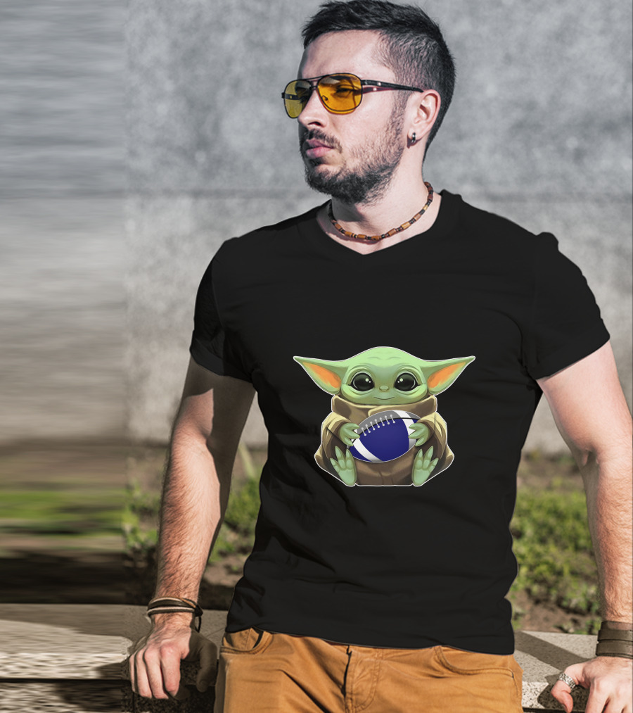 Yoda Baby Holding Blue And White Football T-Shirt