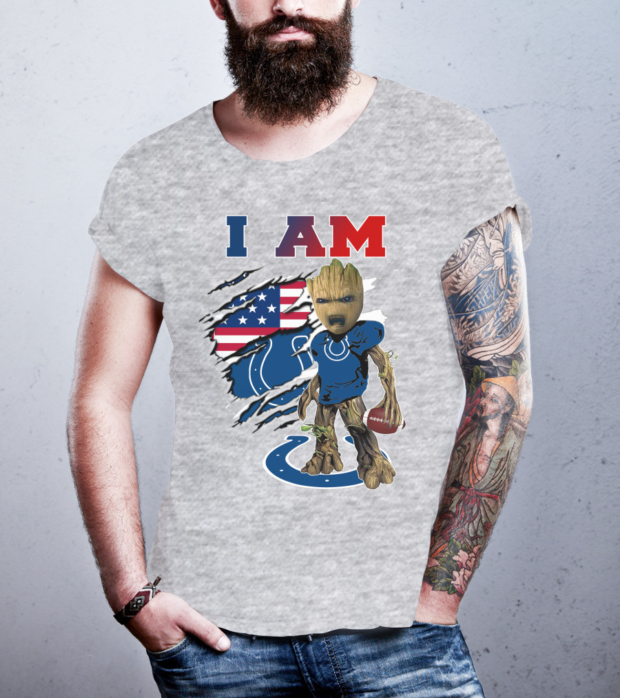 I Am Groot Colts Nfl Football American Flag Guardians Of The Galaxy T-Shirt
