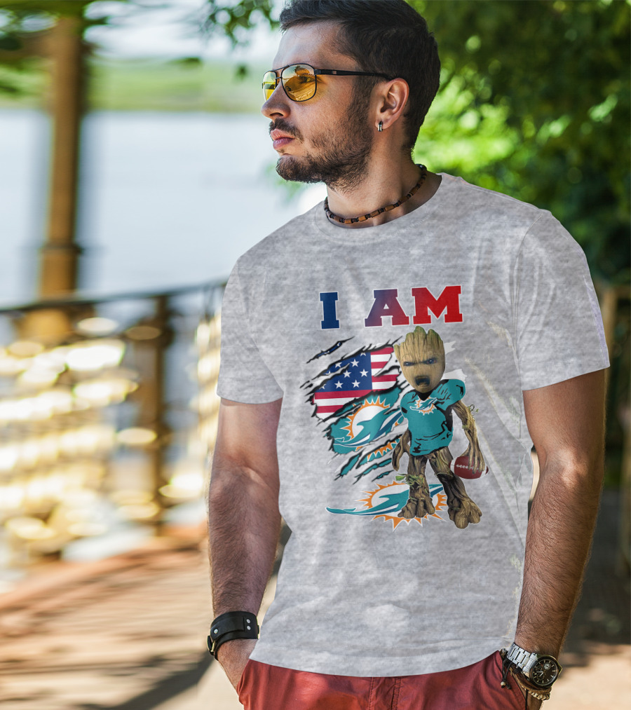 I Am Dolphins Football Groot American Flag T-Shirt