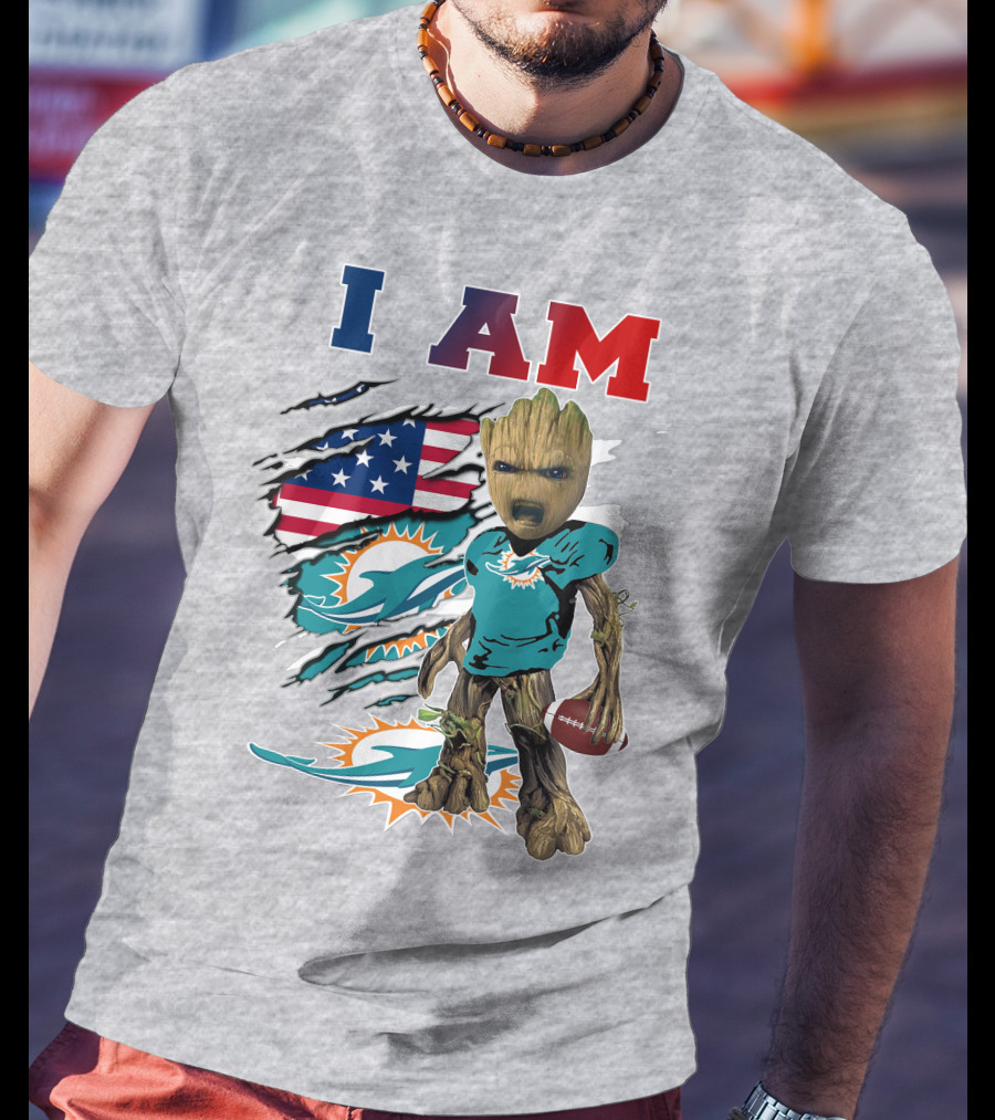 I Am Dolphins Football Groot American Flag T-Shirt