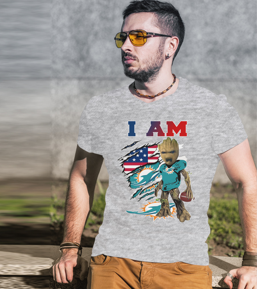 I Am Dolphins Football Groot American Flag T-Shirt