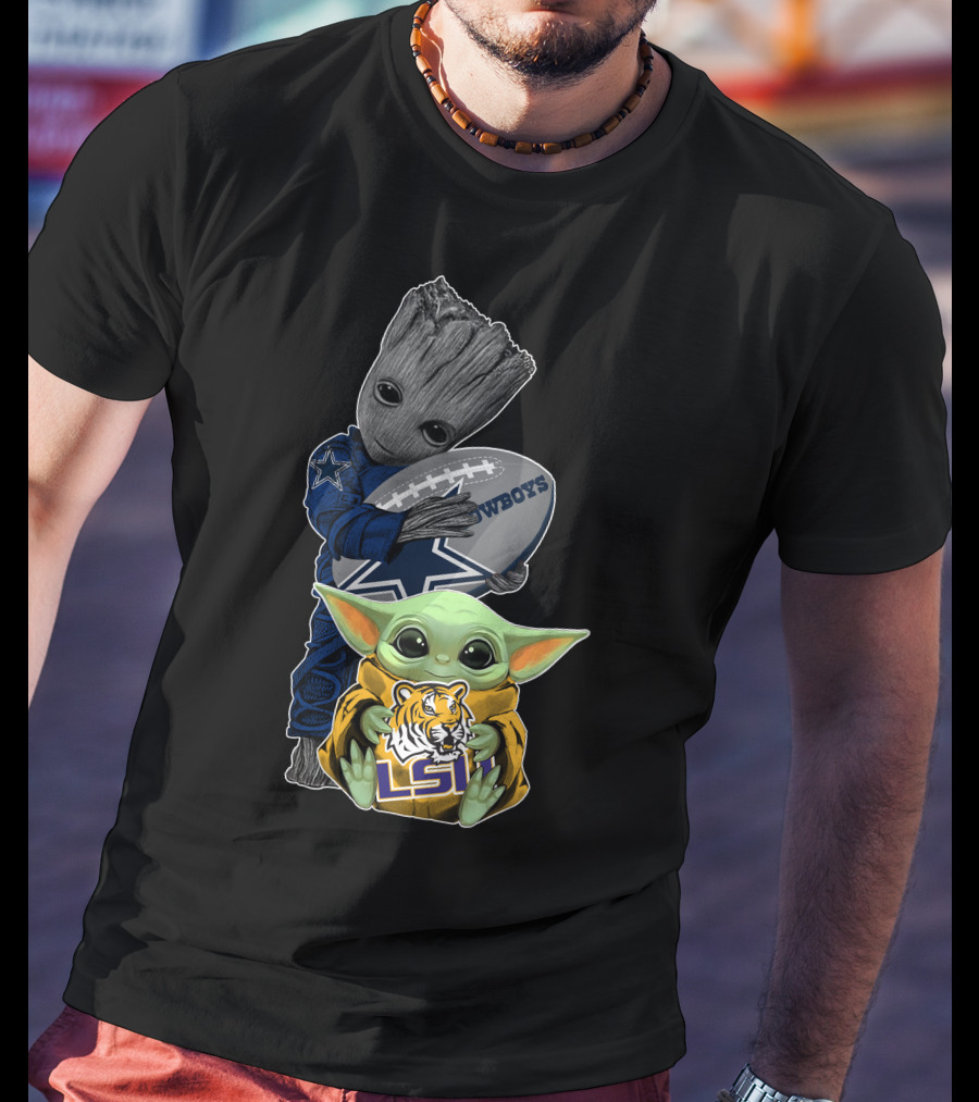 Groot Holding Cowboys Football With Baby Yoda In Lsu Attire T-Shirt