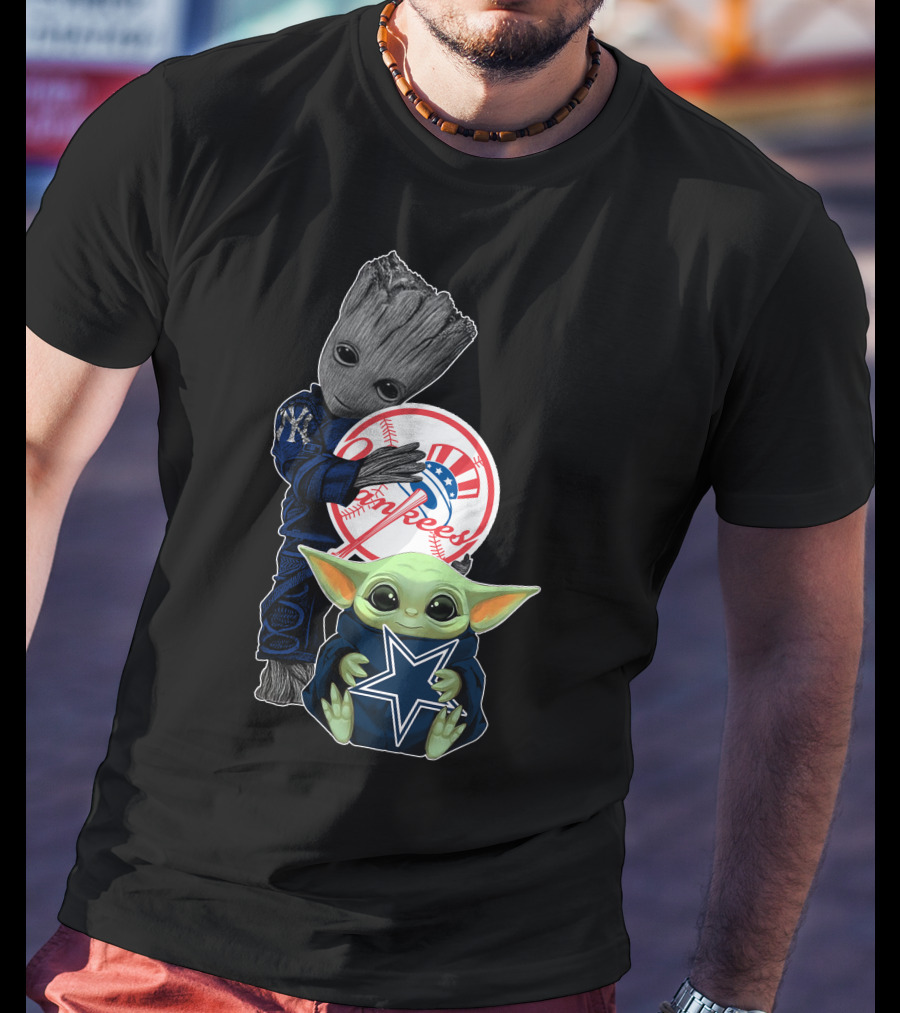 Groot And Baby Yoda With Yankees And Cowboys Logos T-Shirt