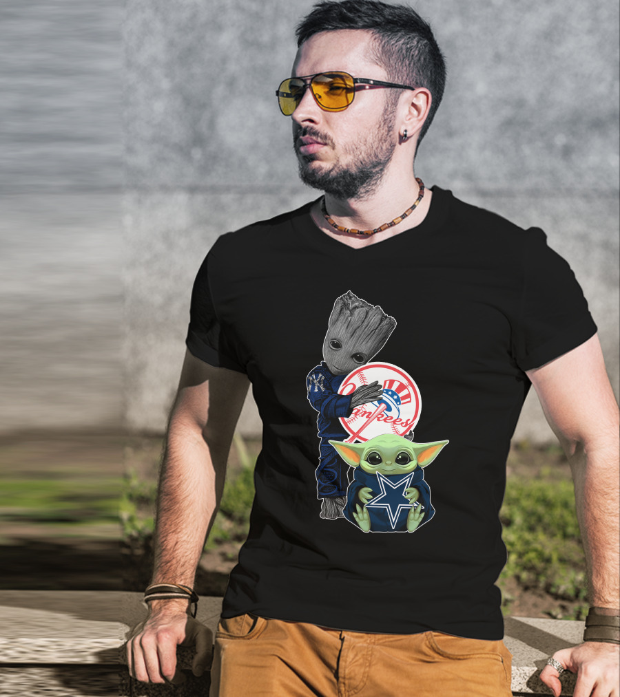 Groot And Baby Yoda With Yankees And Cowboys Logos T-Shirt