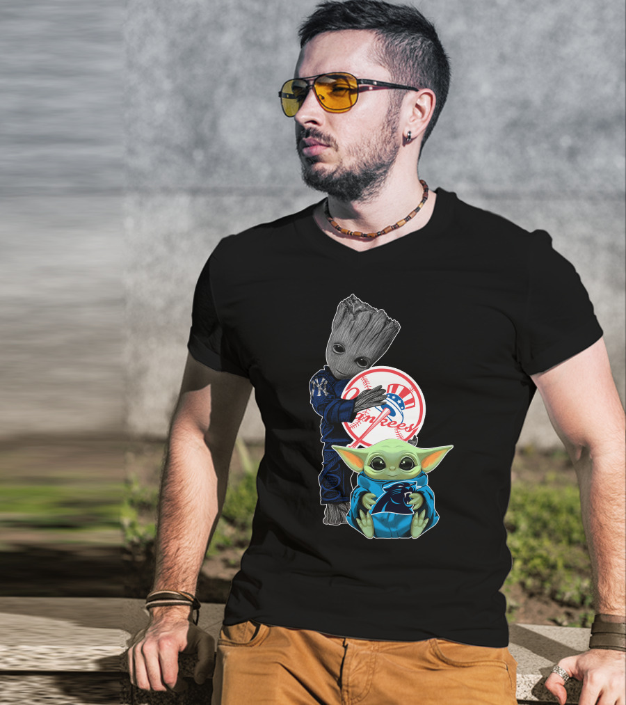 Yankees Groot And Panthers Baby Yoda T-Shirt