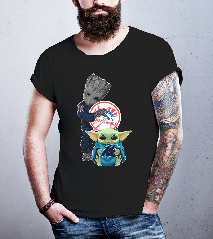 Yankees Groot And Panthers Baby Yoda T-Shirt