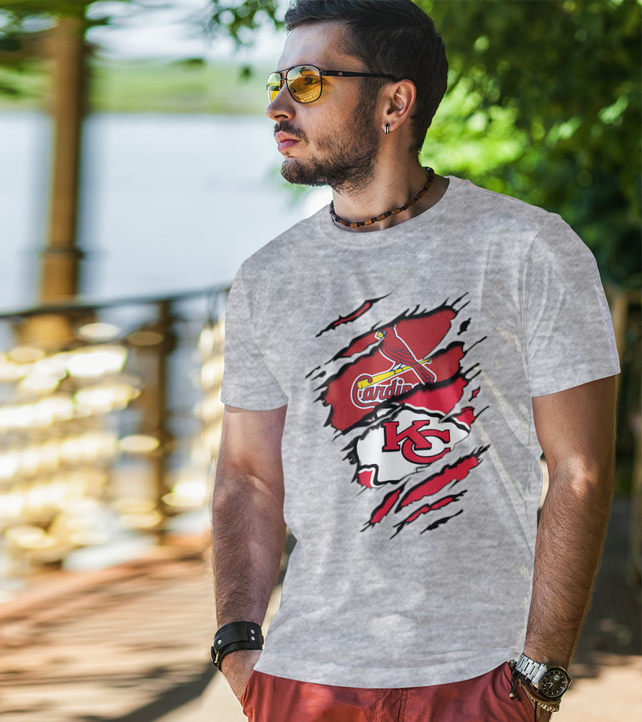 Kansas City Chiefs And St. Louis Cardinals Team Logos On Red And White T-Shirt