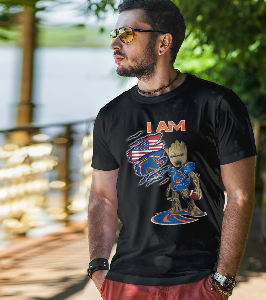 I Am Boise State Broncos Baby Groot Football American Flag T-Shirt