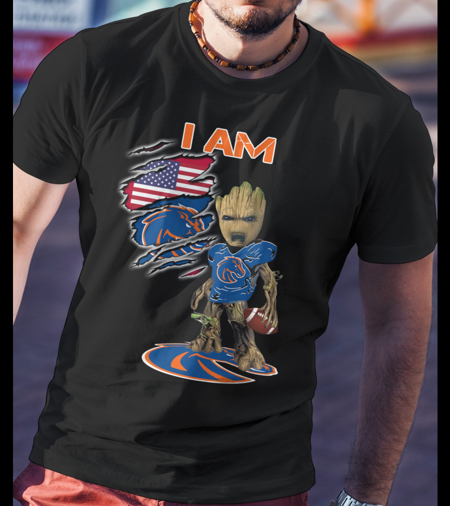 I Am Boise State Broncos Baby Groot Football American Flag T-Shirt