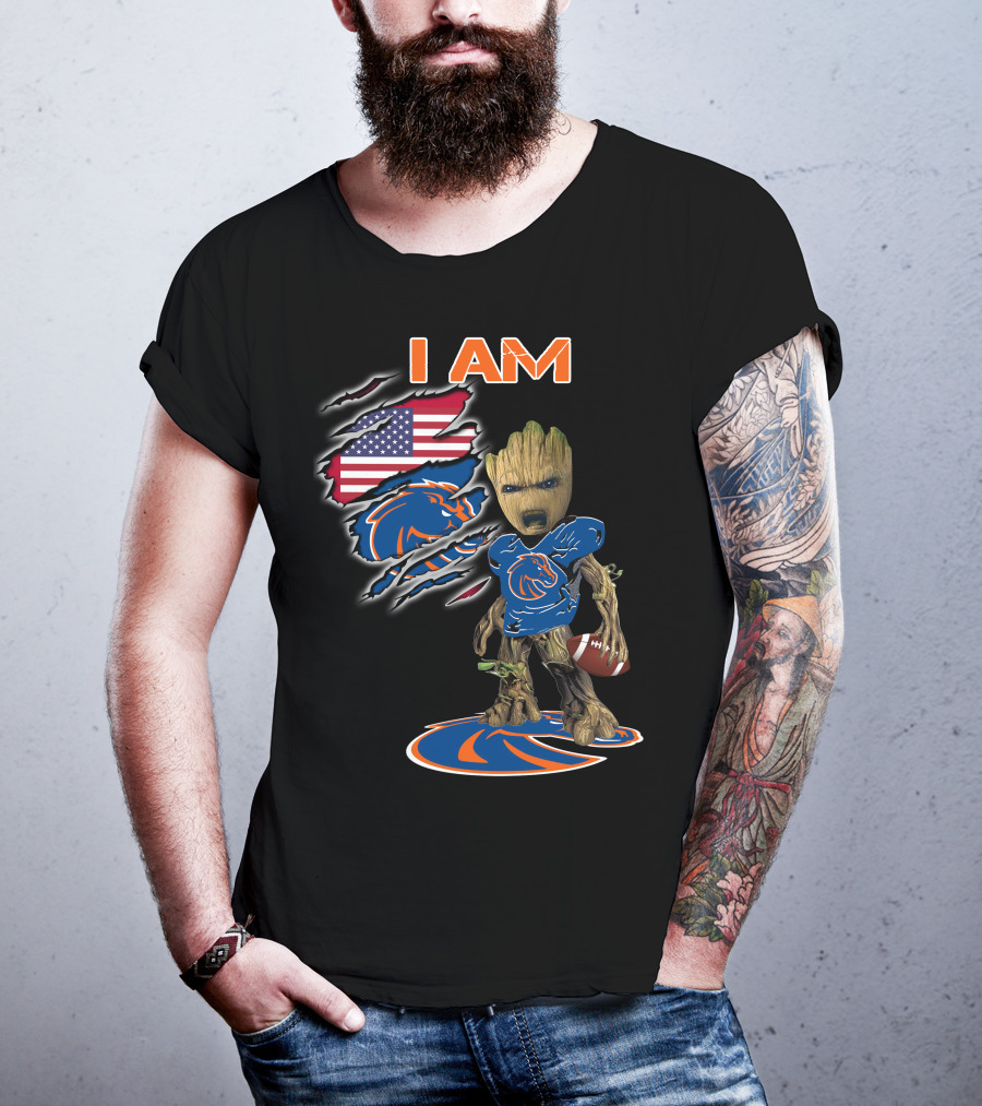I Am Boise State Broncos Baby Groot Football American Flag T-Shirt