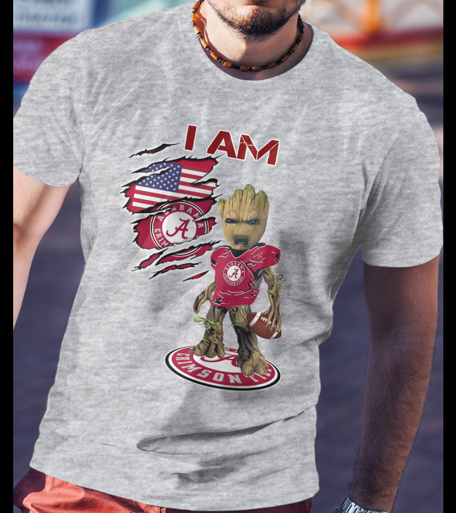 I Am Alabama Crimson Tide Baby Groot Football T-Shirt