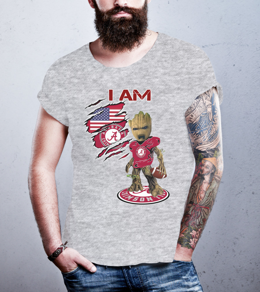 I Am Alabama Crimson Tide Baby Groot Football T-Shirt