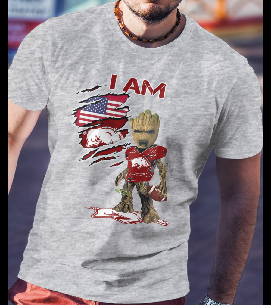 I Am Arkansas Baby Groot Razorbacks Football USA Flag T-Shirt