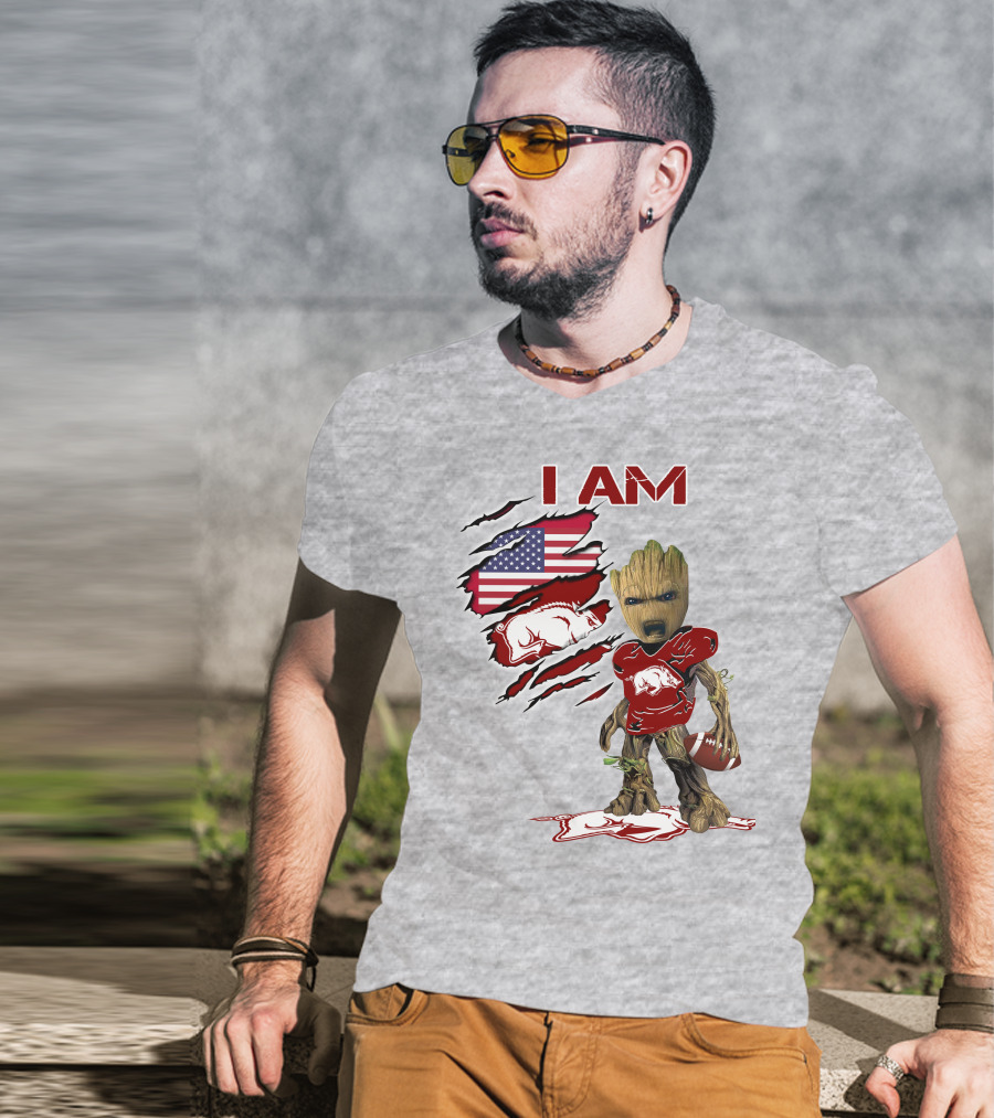 I Am Arkansas Baby Groot Razorbacks Football USA Flag T-Shirt