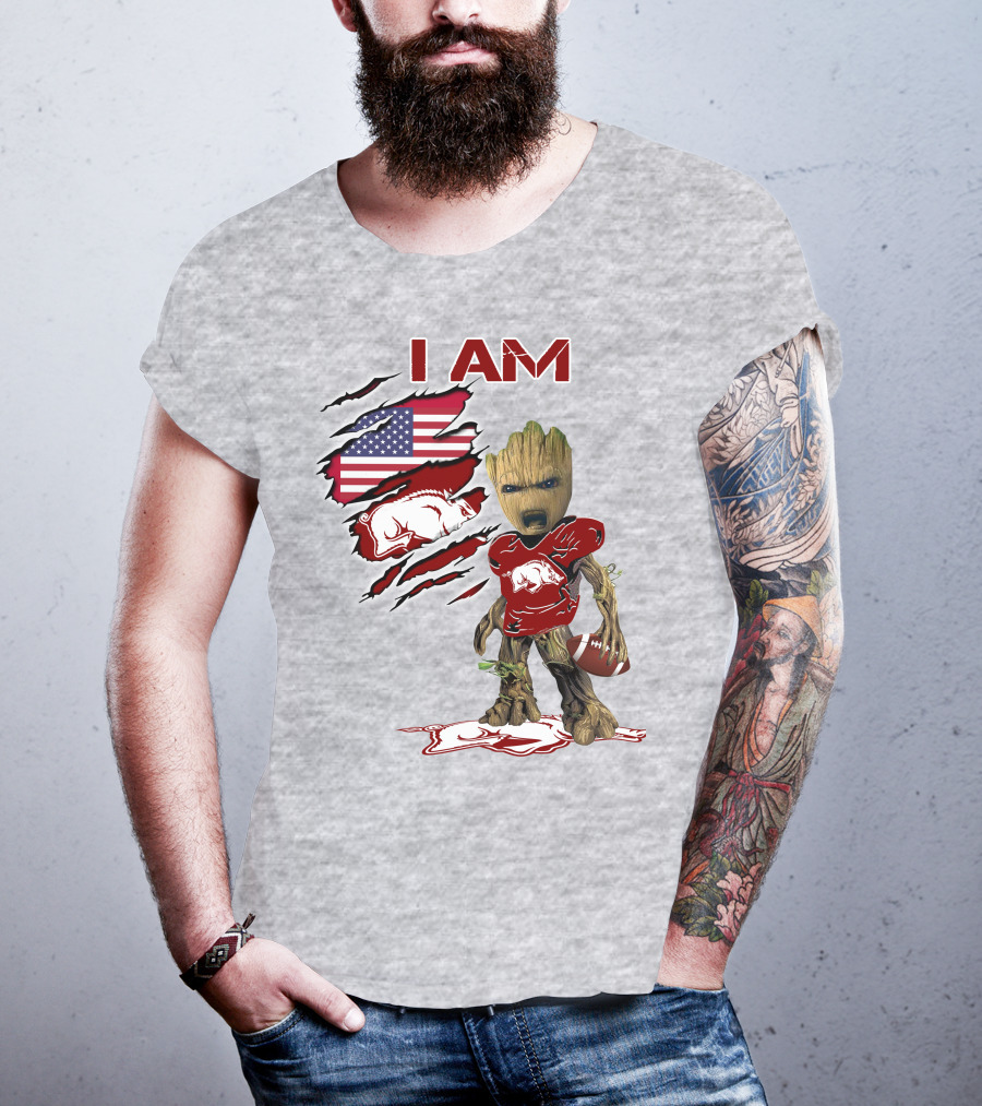 I Am Arkansas Baby Groot Razorbacks Football USA Flag T-Shirt
