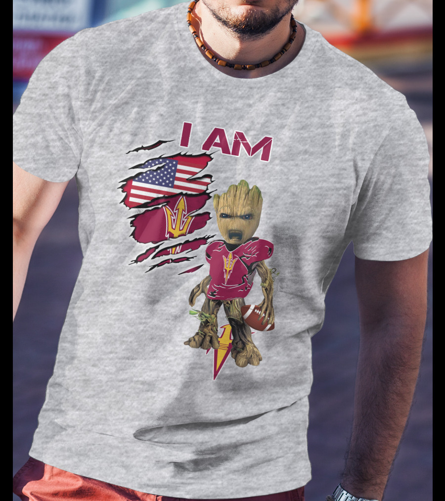 I Am Asu Baby Groot Arizona State University Football Fan Art American Flag T-Shirt