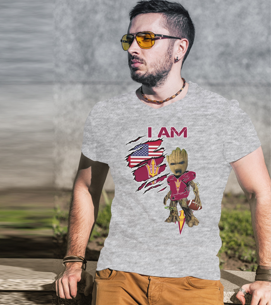 I Am Asu Baby Groot Arizona State University Football Fan Art American Flag T-Shirt