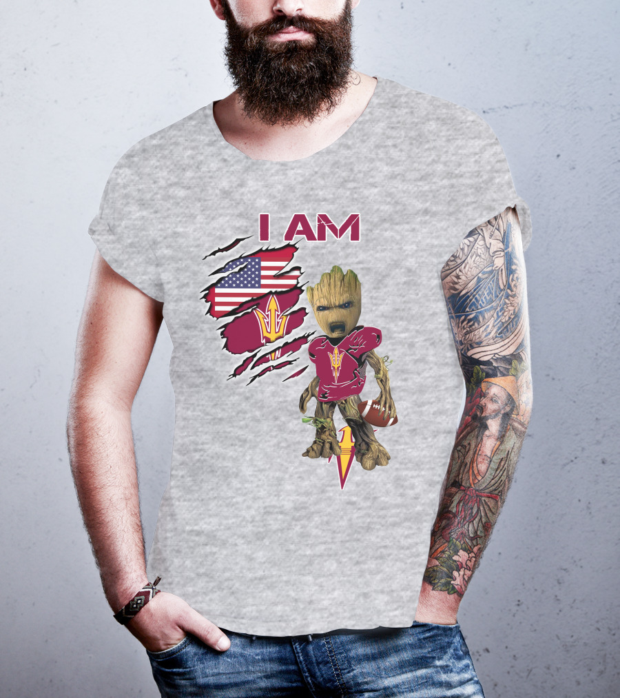 I Am Asu Baby Groot Arizona State University Football Fan Art American Flag T-Shirt