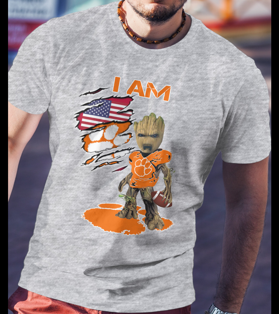 I AM Clemsons Baby Groot American Flag Football Paw Prints T-Shirt