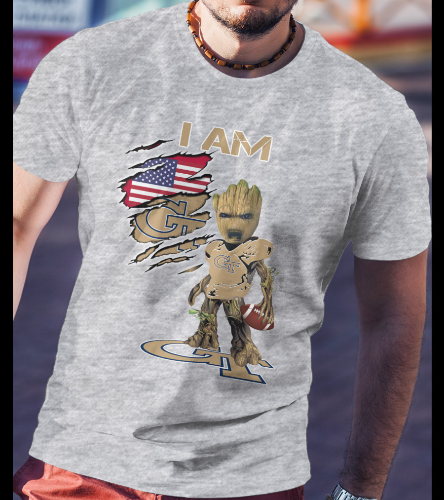 I Am Georgia Tech GT Baby Groot American Flag Football T-Shirt