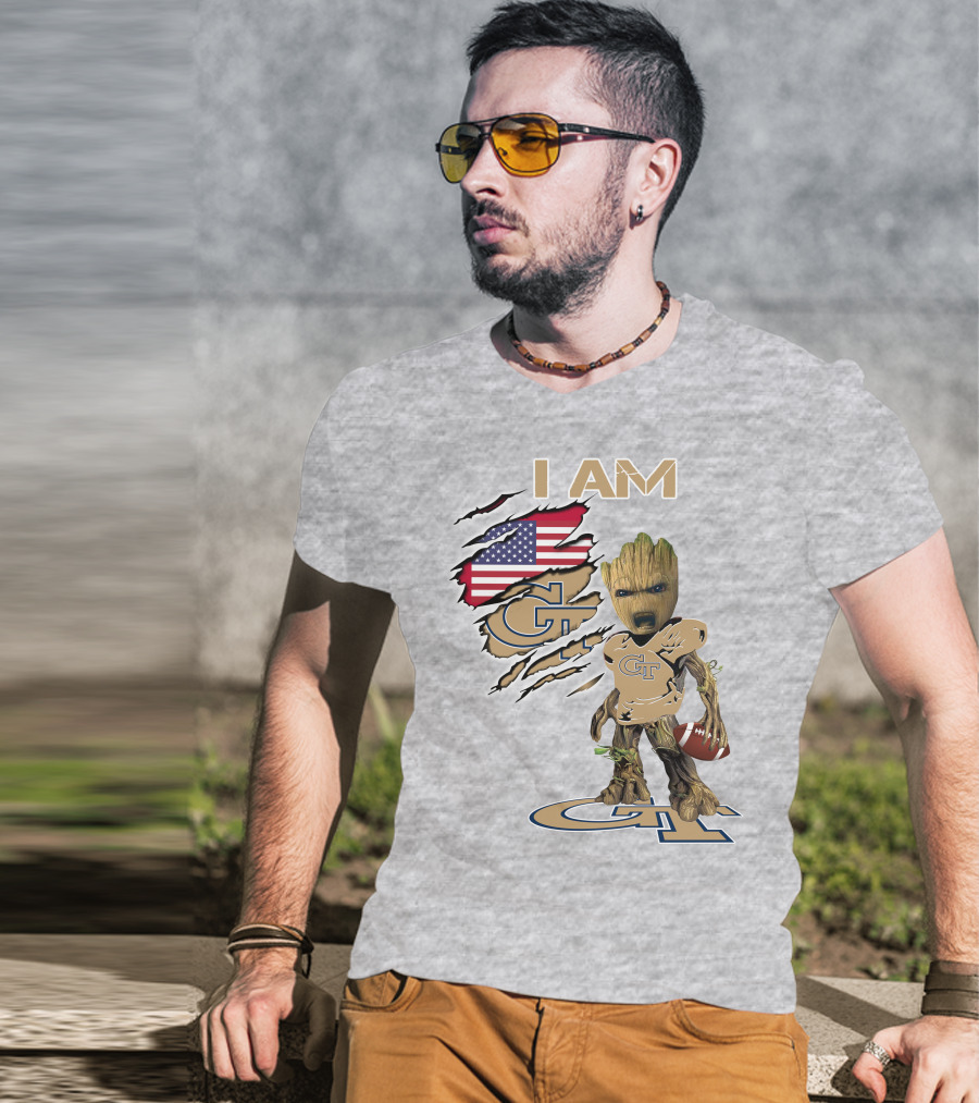 I Am Georgia Tech GT Baby Groot American Flag Football T-Shirt