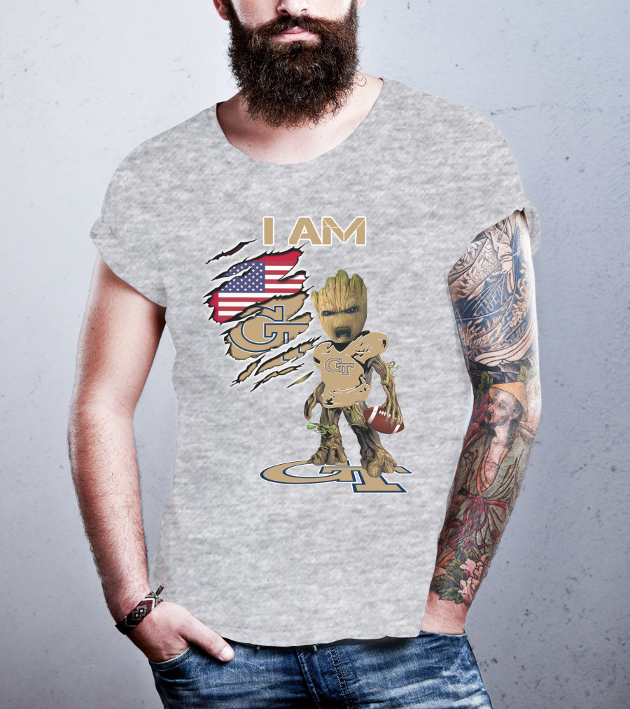I Am Georgia Tech GT Baby Groot American Flag Football T-Shirt