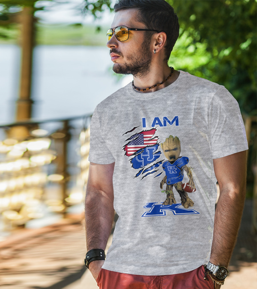 I AM Kentucky Baby Groot Football UK Logo American Flag T-Shirt