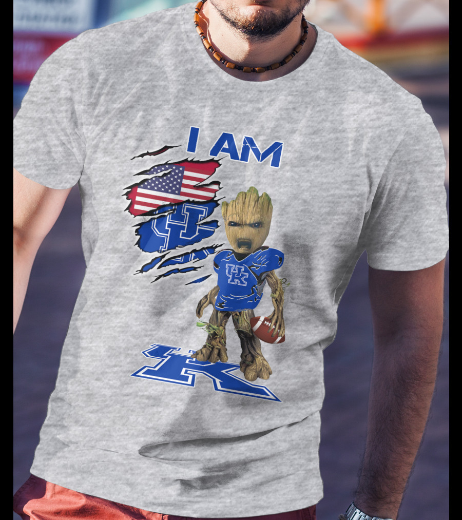 I AM Kentucky Baby Groot Football UK Logo American Flag T-Shirt