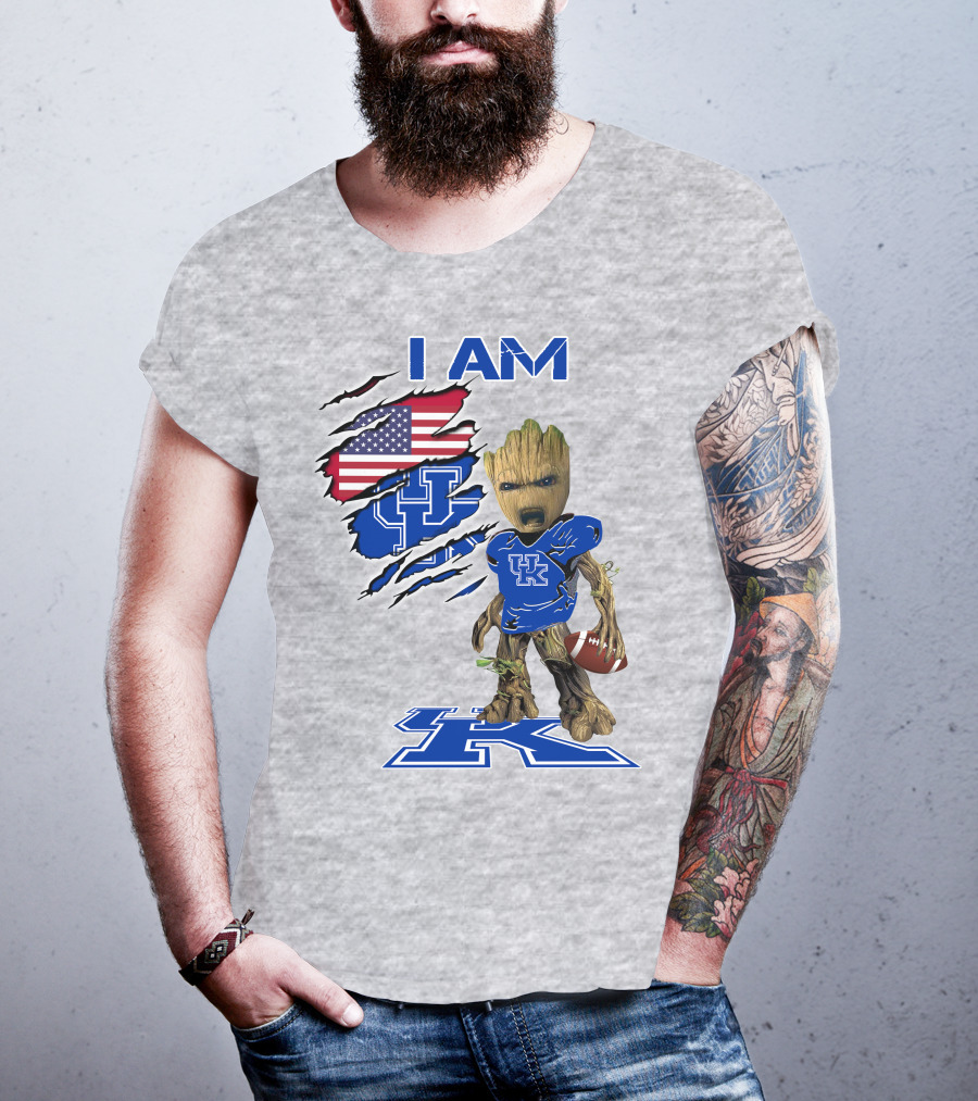 I AM Kentucky Baby Groot Football UK Logo American Flag T-Shirt