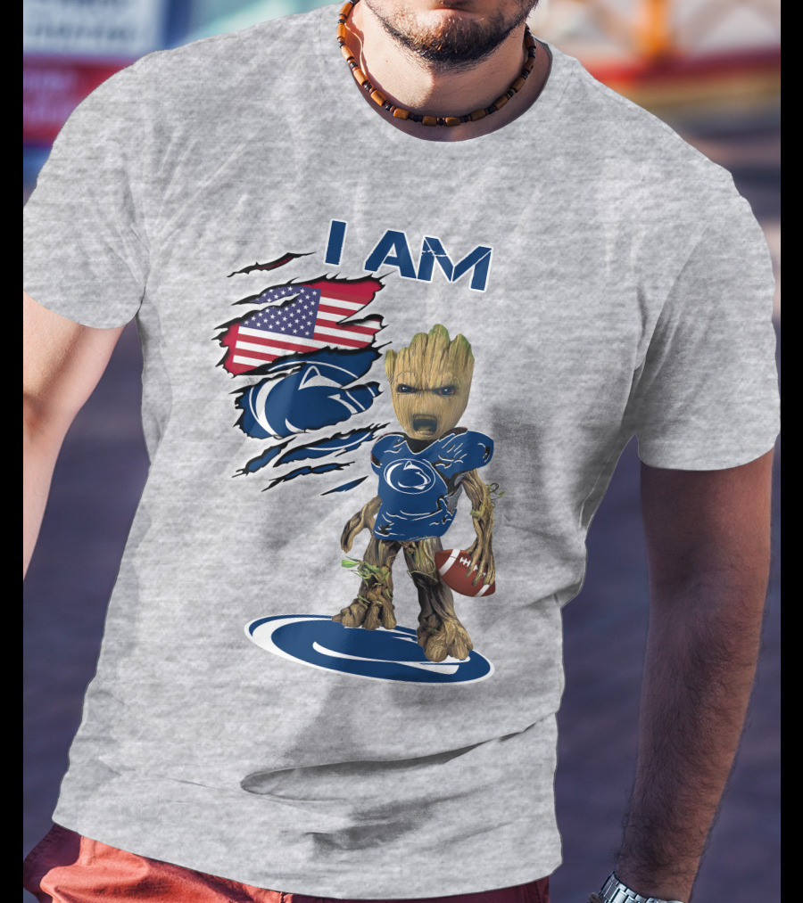 I Am Penn State Baby Groot American Flag Football T-Shirt