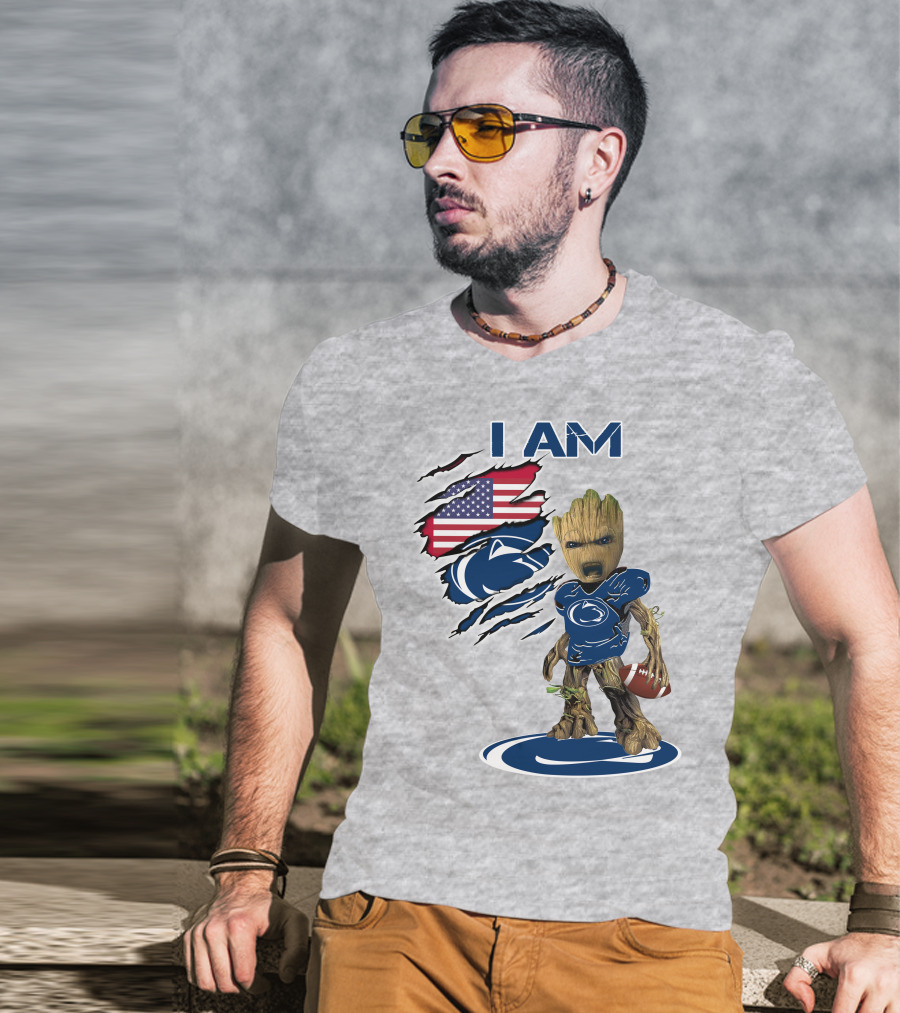 I Am Penn State Baby Groot American Flag Football T-Shirt