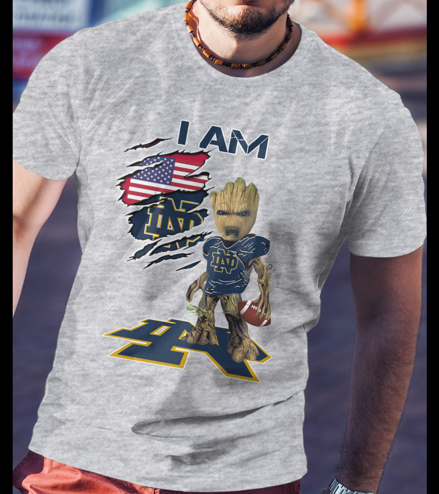 I Am Notre Dame Baby Groot American Flag Football T-Shirt