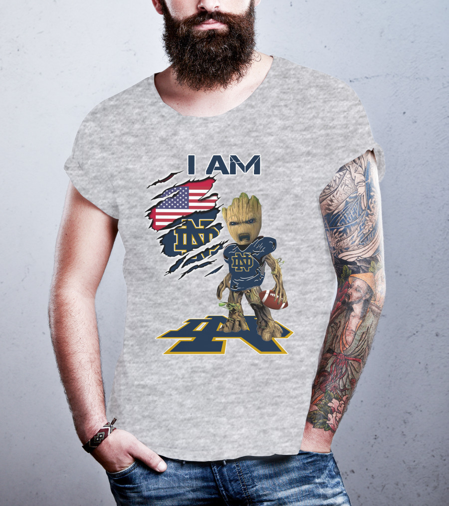 I Am Notre Dame Baby Groot American Flag Football T-Shirt
