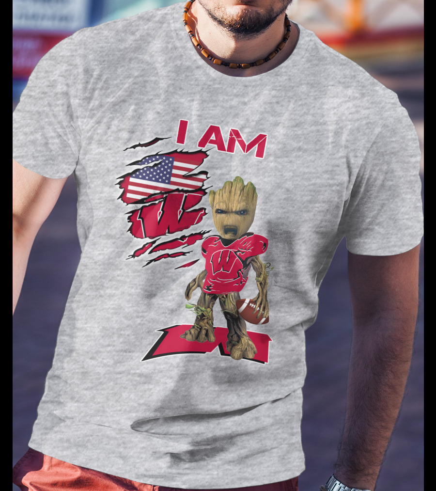 I Am Wisconsin Baby Groot Football W Logo American Flag T-Shirt