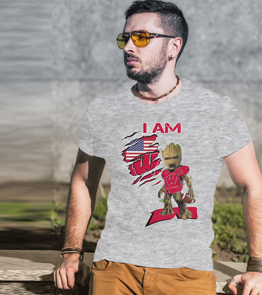 I Am Wisconsin Baby Groot Football W Logo American Flag T-Shirt