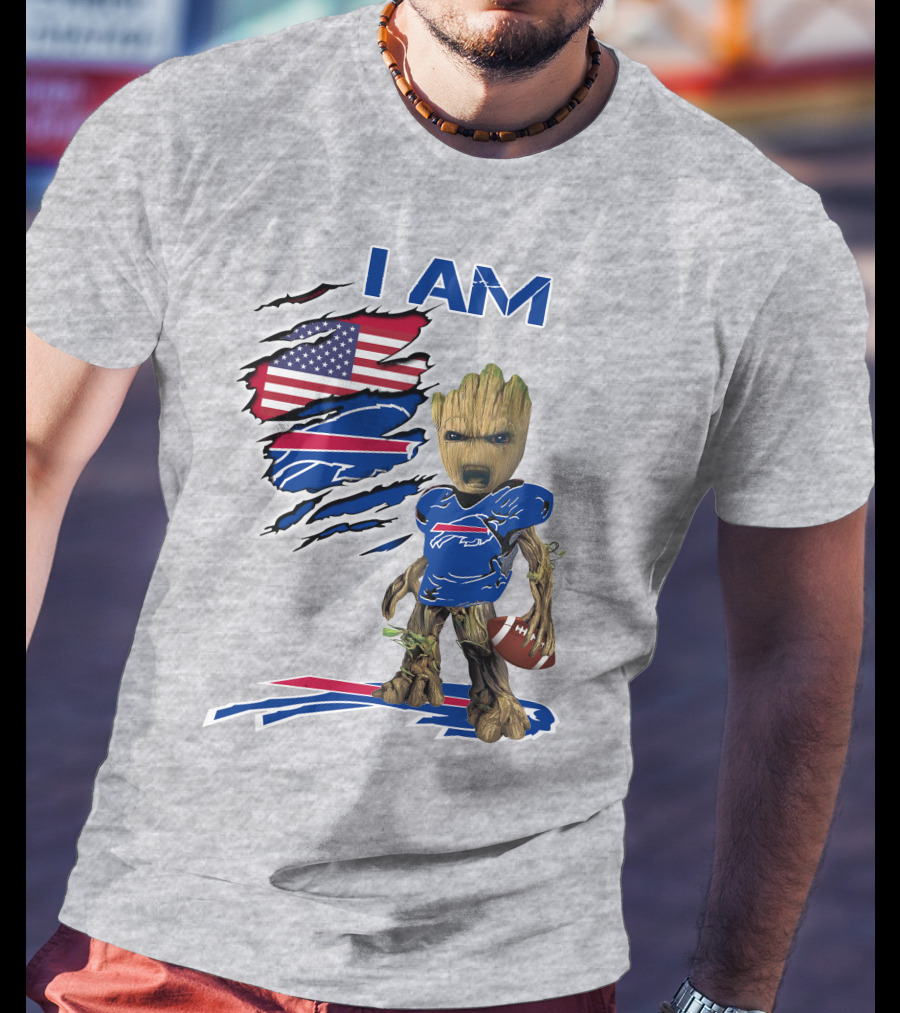 I Am American Flag Football Groot Bills T-Shirt