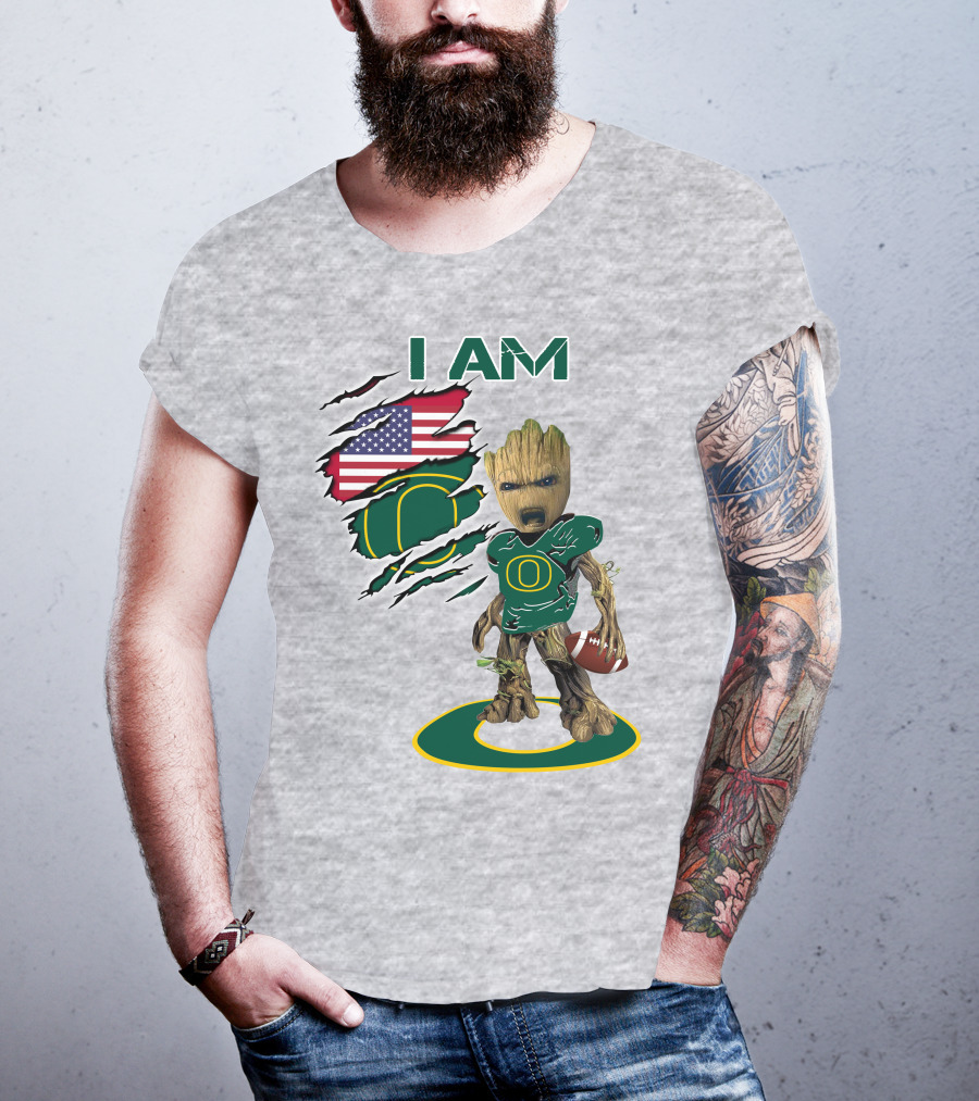 I AM American Flag Oregon Duck Baby Groot Football T-Shirt