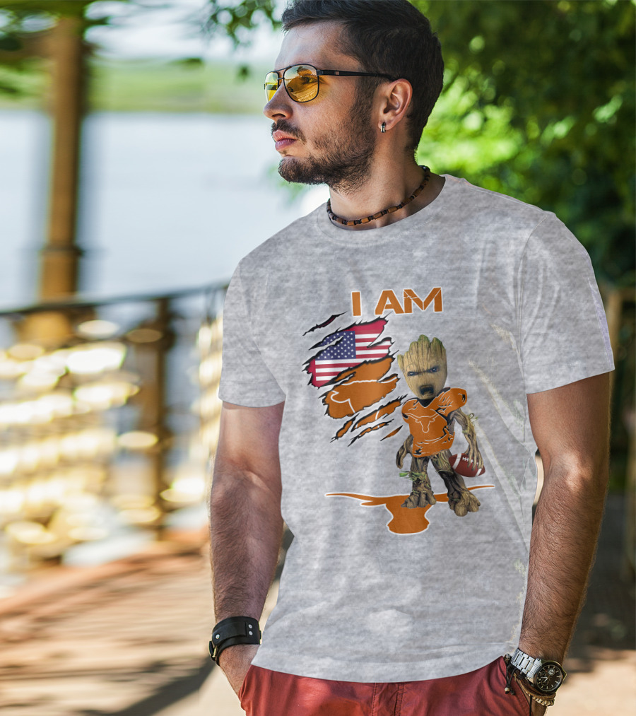 I AM Longhorn Baby Groot Football USA Flag T-Shirt