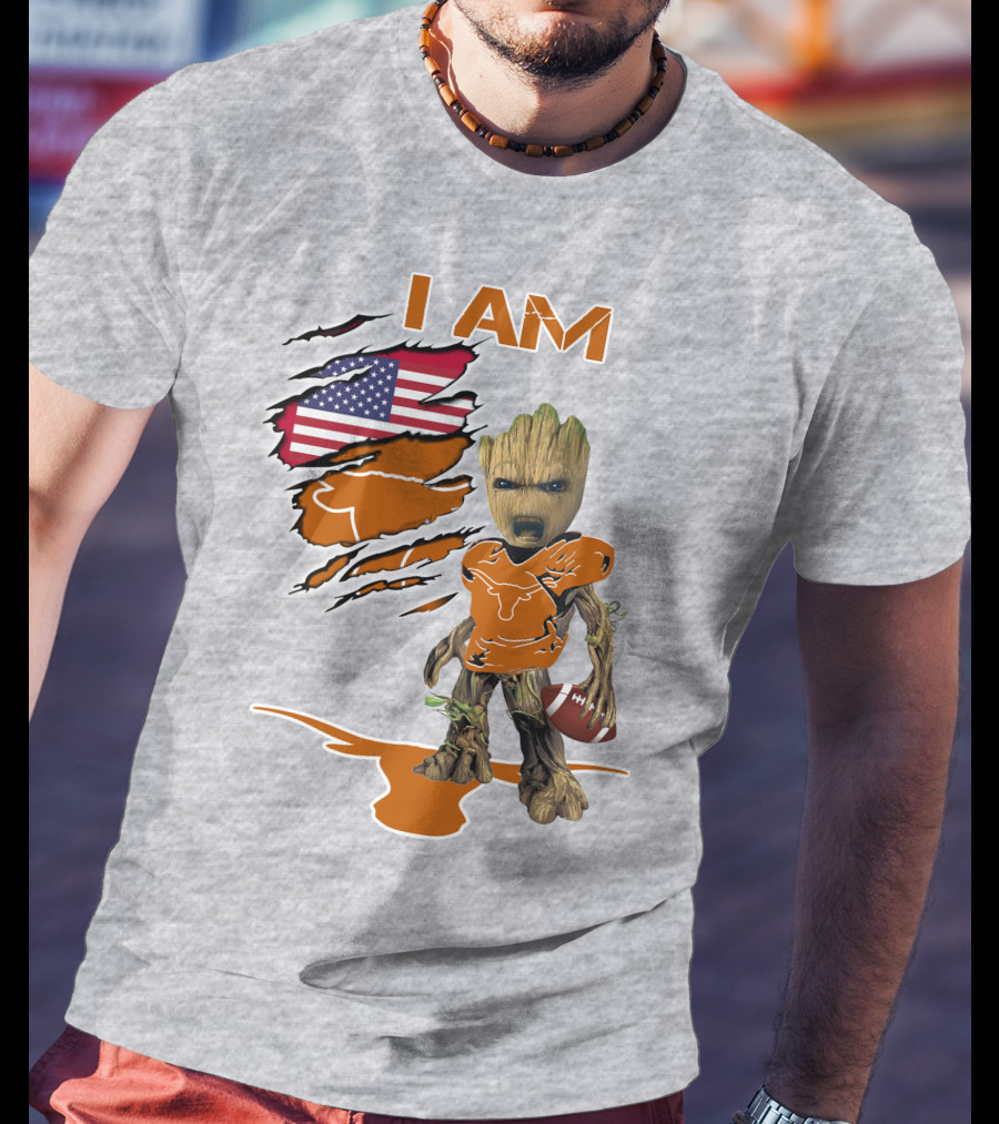 I AM Longhorn Baby Groot Football USA Flag T-Shirt