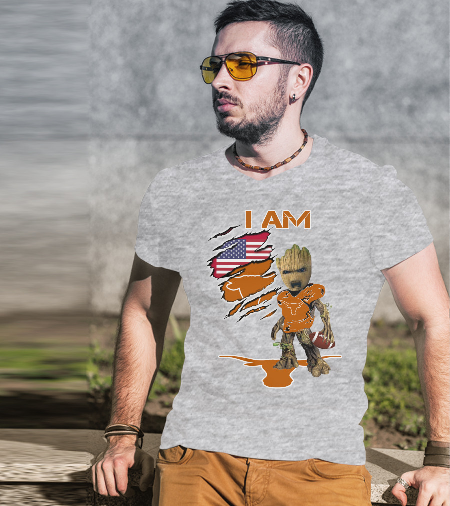 I AM Longhorn Baby Groot Football USA Flag T-Shirt