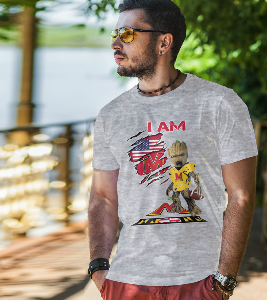 I AM Baby Groot Maryland Football American Flag M T-Shirt