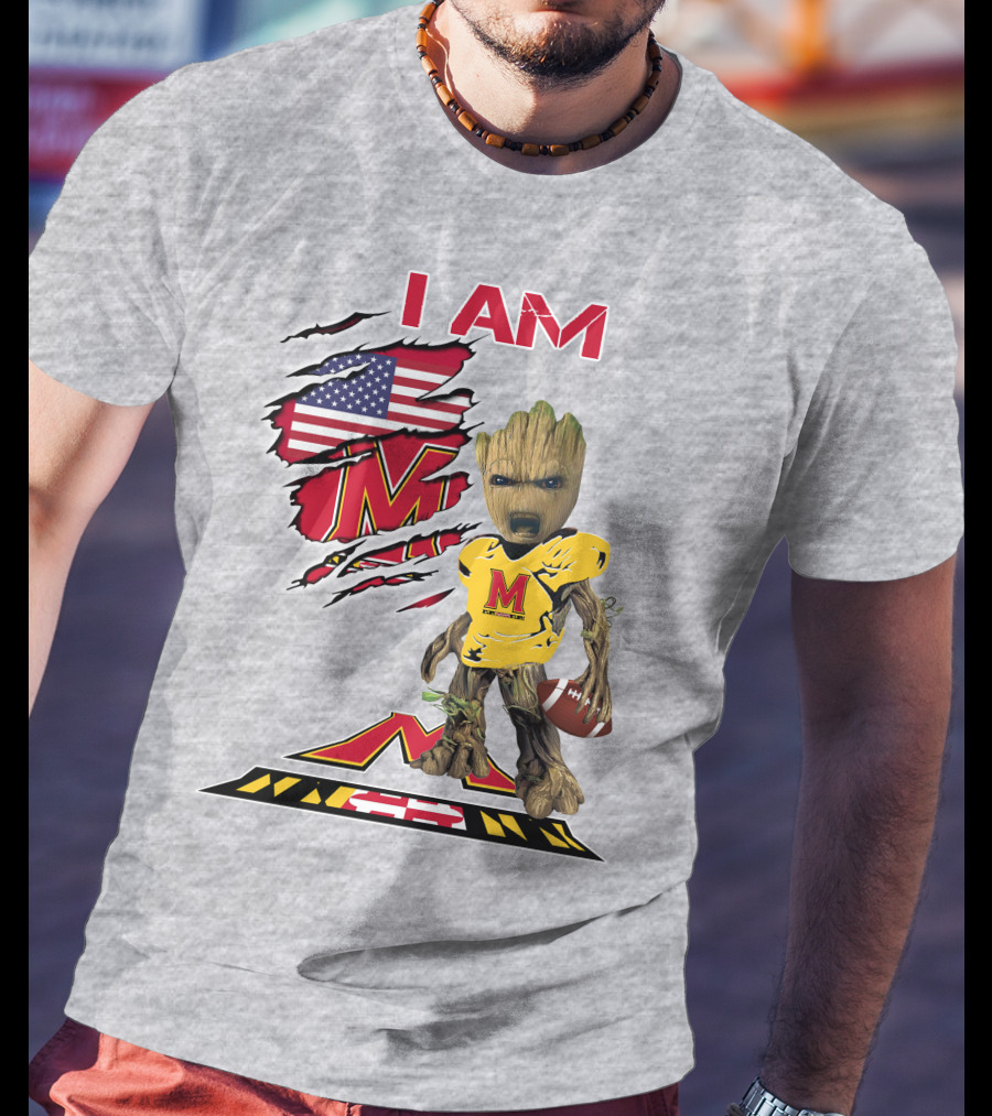 I AM Baby Groot Maryland Football American Flag M T-Shirt