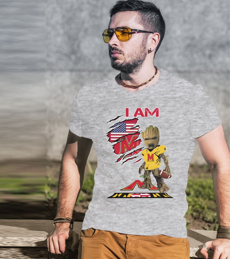 I AM Baby Groot Maryland Football American Flag M T-Shirt