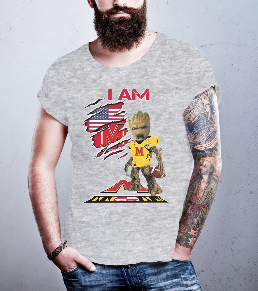 I AM Baby Groot Maryland Football American Flag M T-Shirt