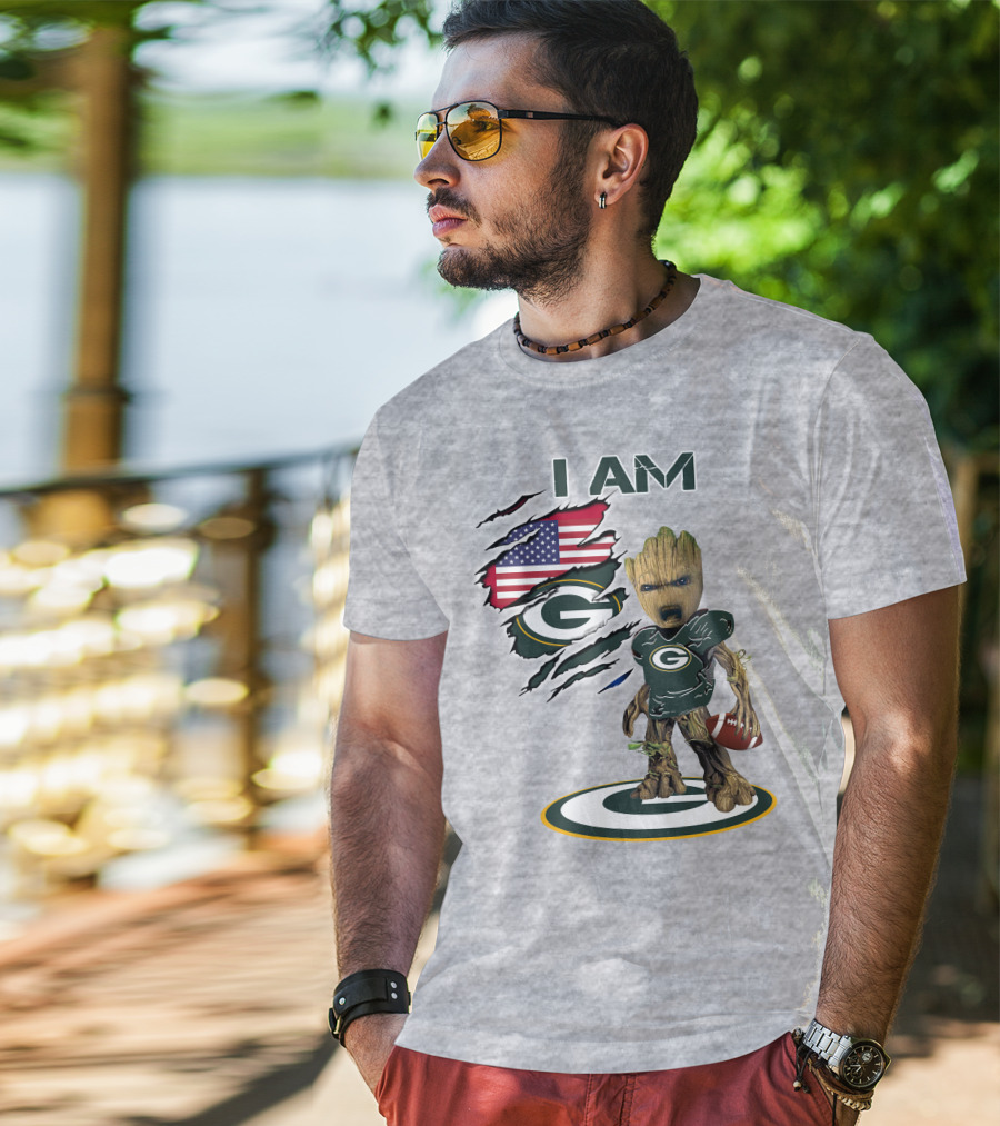 I Am Packers Baby Groot American Flag Football T-Shirt
