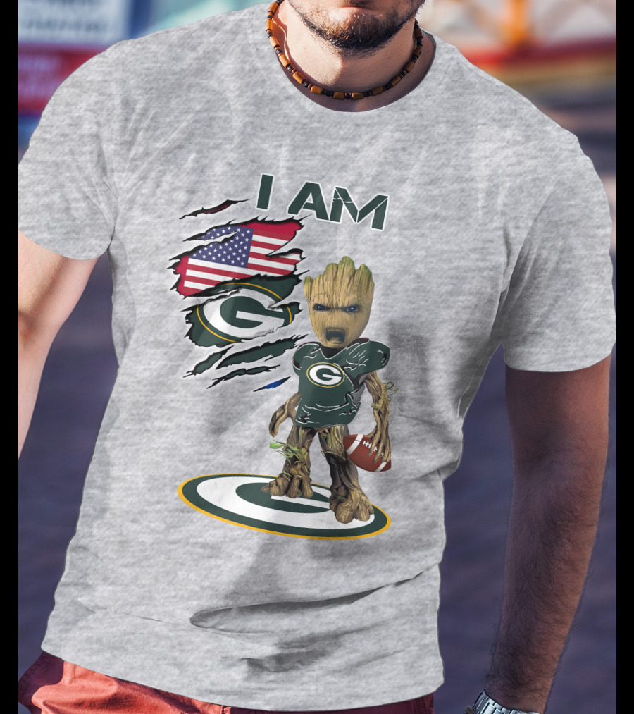 I Am Packers Baby Groot American Flag Football T-Shirt