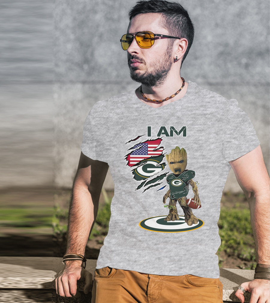 I Am Packers Baby Groot American Flag Football T-Shirt